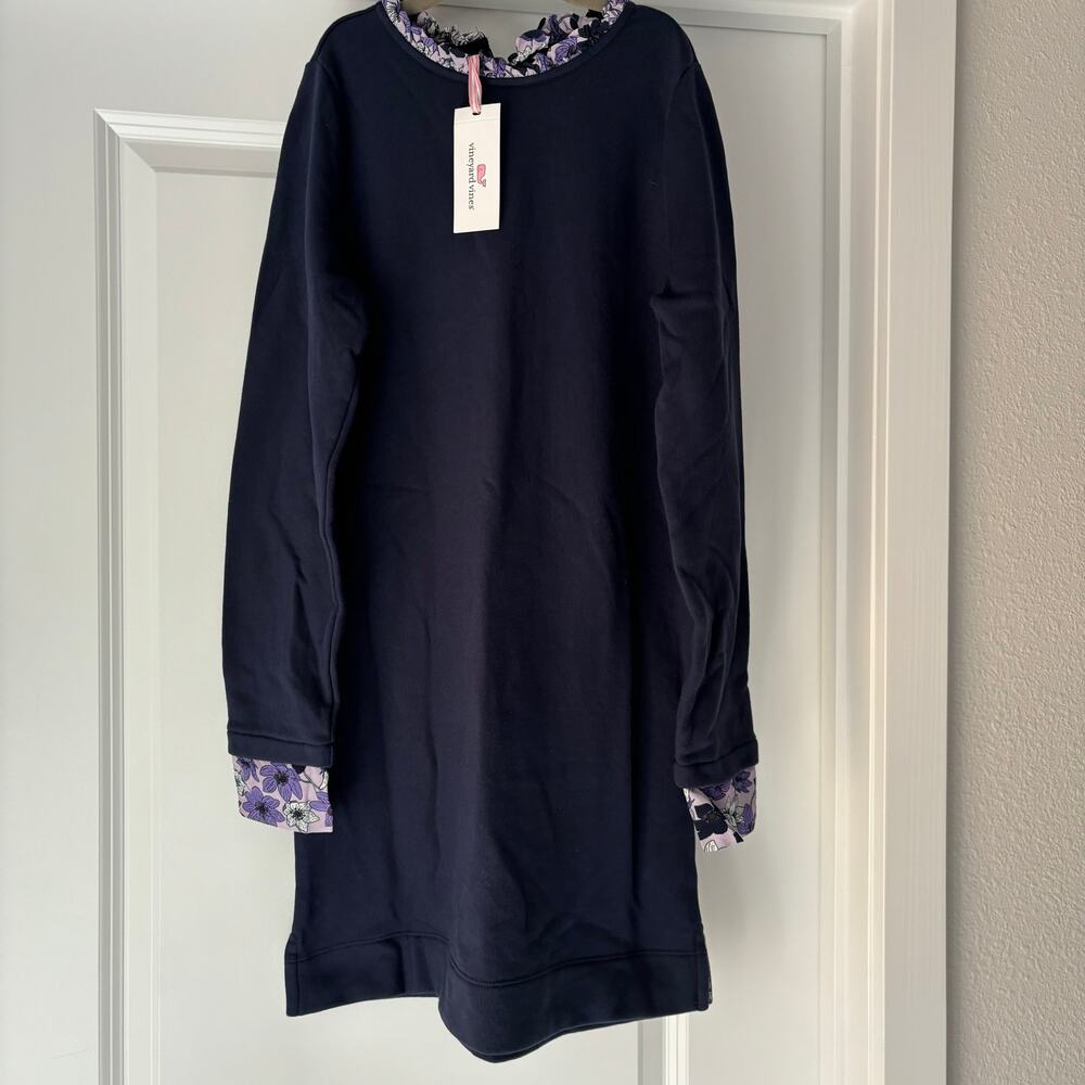Vineyard Vines Girls Purple Ruffle Neck Navy Sweatshirt Dress Size 14 NWT